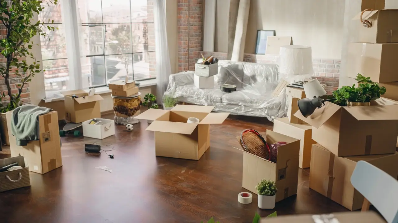 Cluttered living space with unpacked cardboard boxes, a sofa covered in plastic, and various items including plants, a tennis racket, and a lamp, illustrating the challenges of decluttering in Vienna.