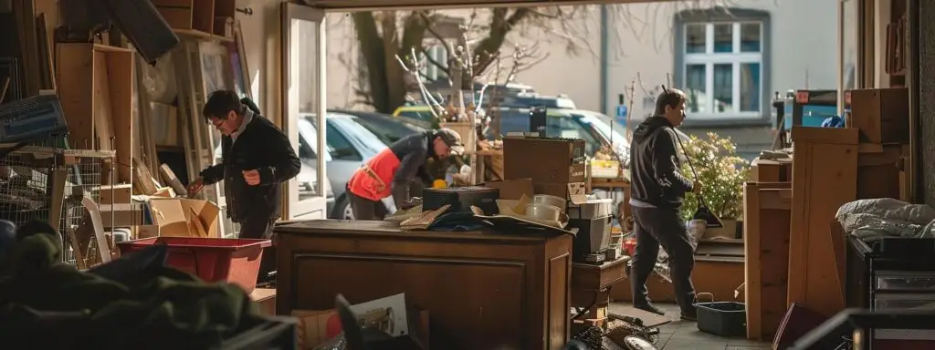 eine dynamische entrümpelungsaktion in einem urbanen wiener raum, in der professionelle helfer sorgfältig alte möbel und haushaltsgegenstände sortieren und für die fachgerechte entsorgung vorbereiten, während im hintergrund die städtische architektur erkennbar ist.
