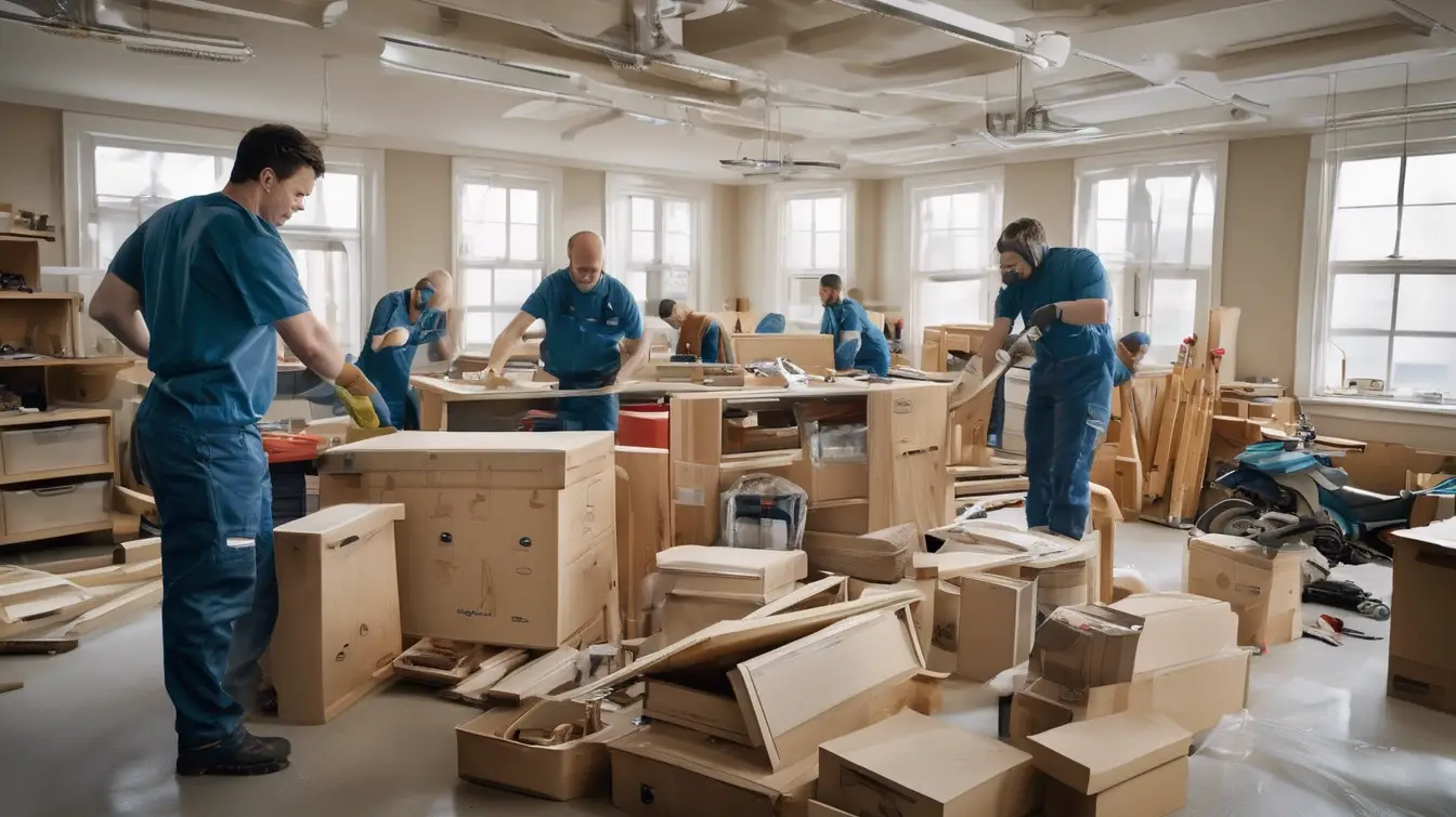 Professionelles Demontage-Team von Kraftpack bei der Entrümpelung von Möbeln und Installationen in einem hellen Raum.