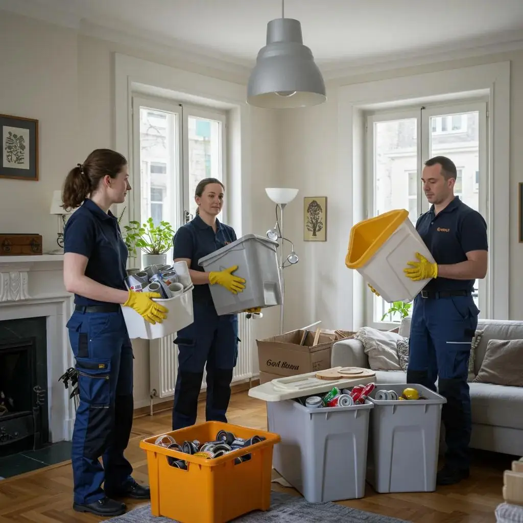 Professional decluttering team working in a Viennese home, emphasizing teamwork and efficiency